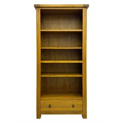 Oak Furnitureland, golden oak open bookcase fitted with single drawer