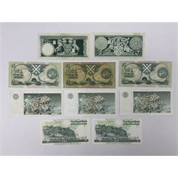 Irish and Scottish banknotes to include Bank of Ireland 5 January 1939 ‘B15’ one pound, two Bank of Scotland 1964 ‘AD07’ and ‘AF05’ one pound notes, one 1966 ‘CQ77’ one pound, and further notes from Clydesdale Bank, National Commercial Bank of Scotland Ltd. etc, housed in plastic sleeves