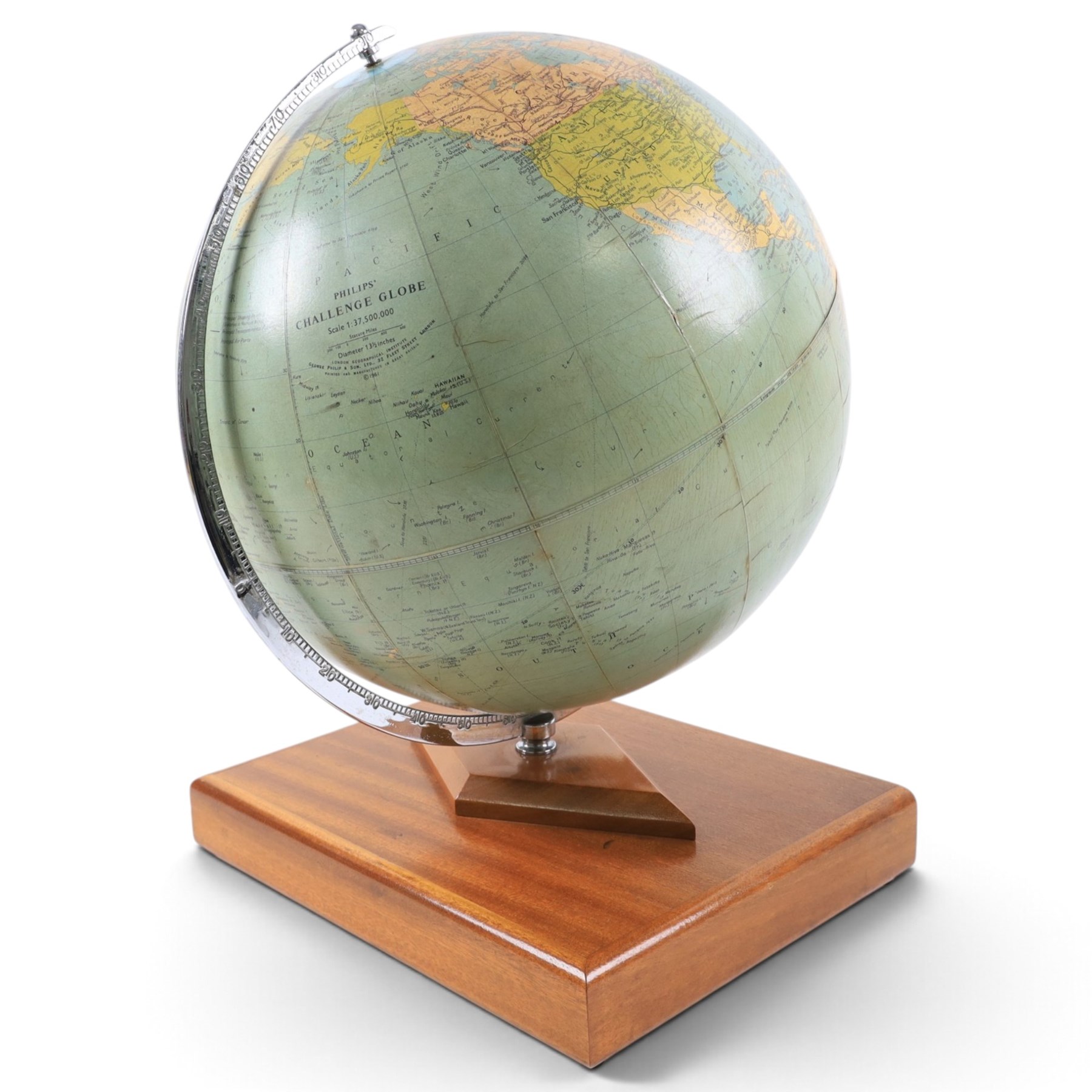 Mid 20th cent. Philips' Challenge Globe pub. 1969, chrome support mounted on teak base with enclosed original Philips' Record Atlas, H46cm