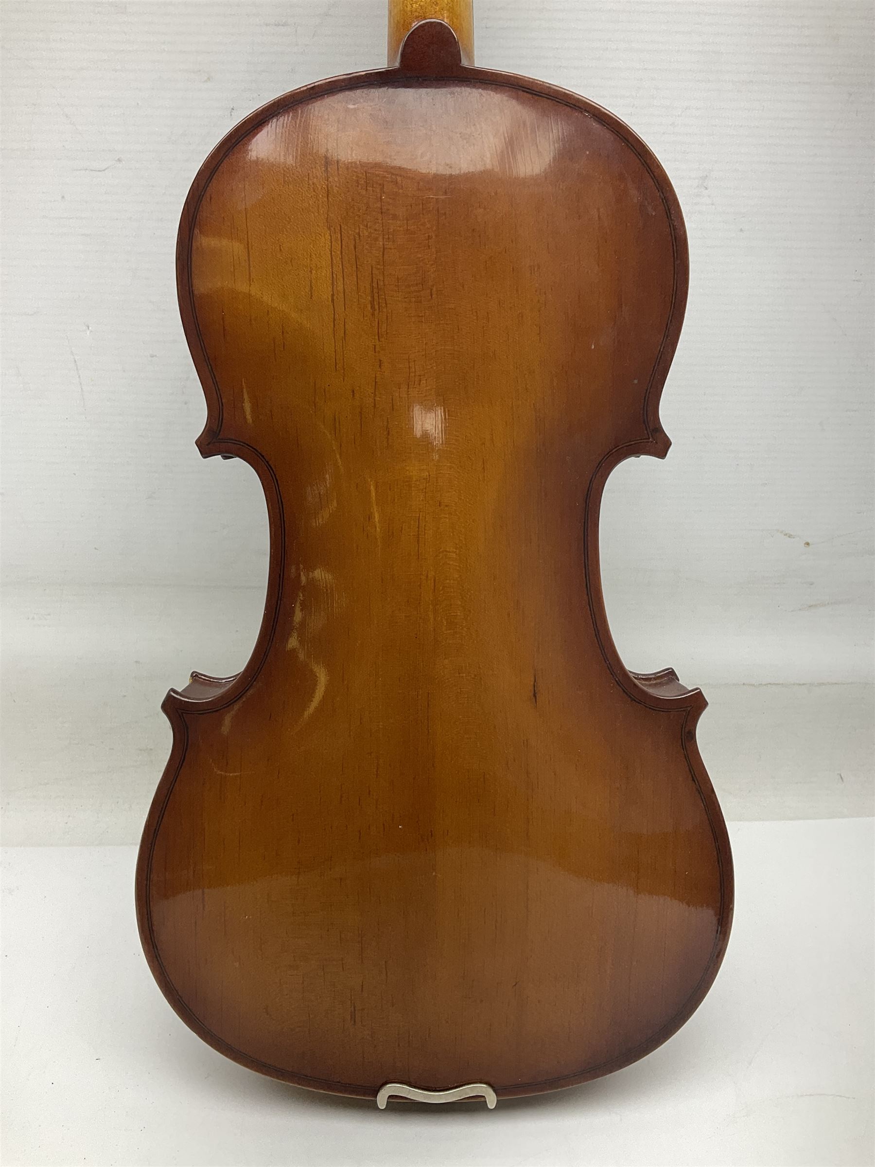 Chinese Parrot violin with 35.5cm two-piece back; L59.5cm in carrying case; and early 20th century German violin for restoration; bears label 'Antonius Stradivarius Faciebat Anno 1730'; cased with bow (2)