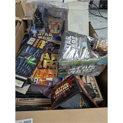 Large collection of Star Wars collectables, including figural mugs, books, talking bank, Darth Maul container, glasses, etc, in five boxes
