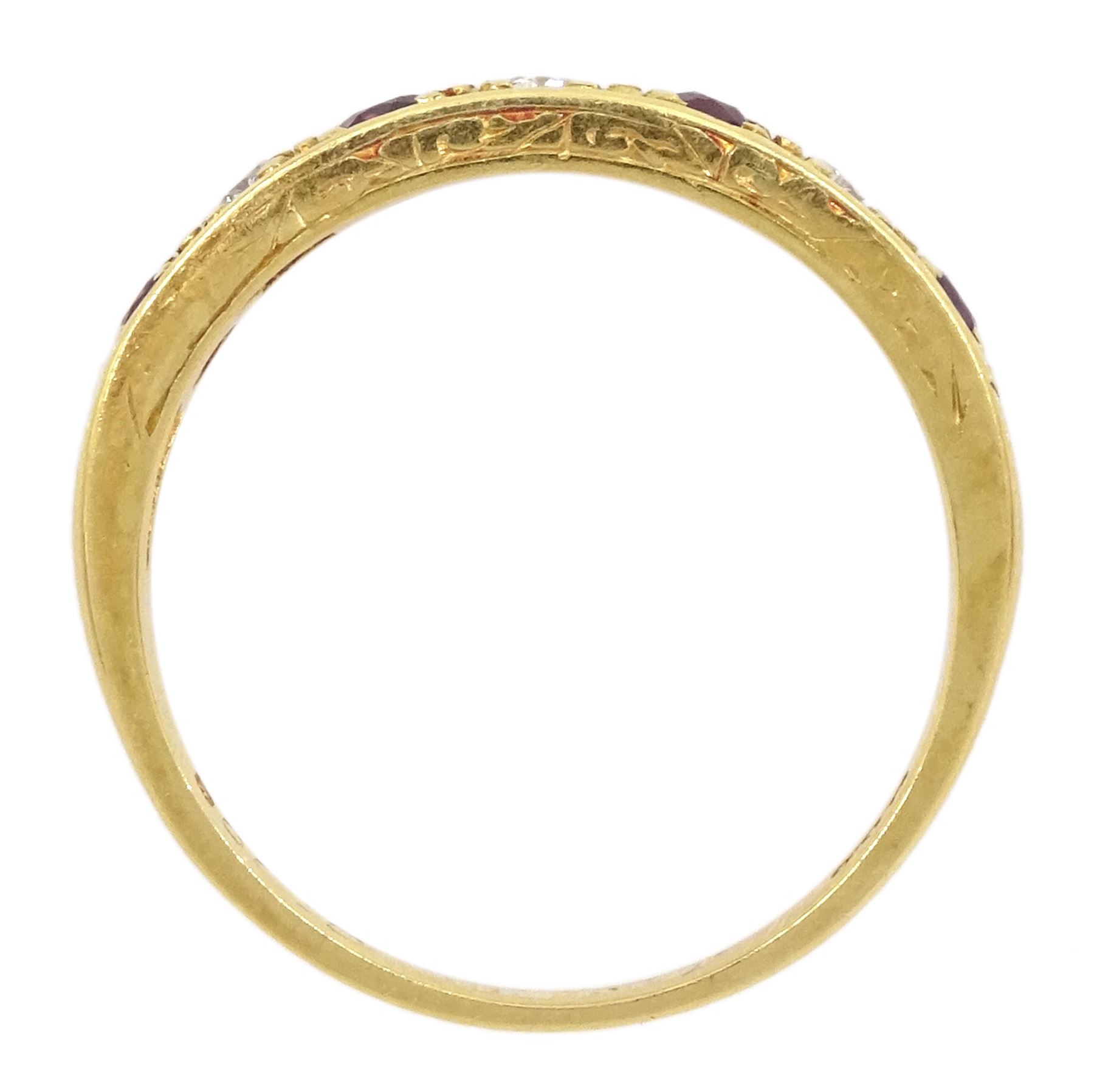 18ct gold seven stone ruby and round brilliant cut diamond half eternity ring, London 1984