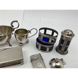 Victorian silver pencil holder, hallmarked Sampson Mordan & Co, London 1899 and one other stamped S. Mordan & Co, together with a group of hallmarked silver including sauce boat, matchbox cover, part cruet set, vesta case, bread trident with mother of pearl handle etc, and a set of six silver plate forks, approximate total silver weight 6.48 ozt (201.4 grams) 