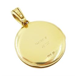 Victor Mayer for Fabergé 18ct gold pendant, guilloche blue enamel circular locket set with a single round brilliant, with a diamond set bail, stamped 750, boxed with certificate