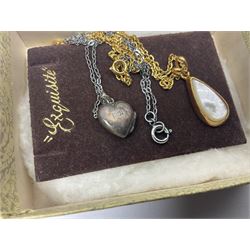 9ct gold jewellery, including three stone set rings, signet ring and a band ring, engagement ring charm, cross charm, and a locket pendant necklace, together with a silver gate bracelet, and a collection of costume jewellery and coins