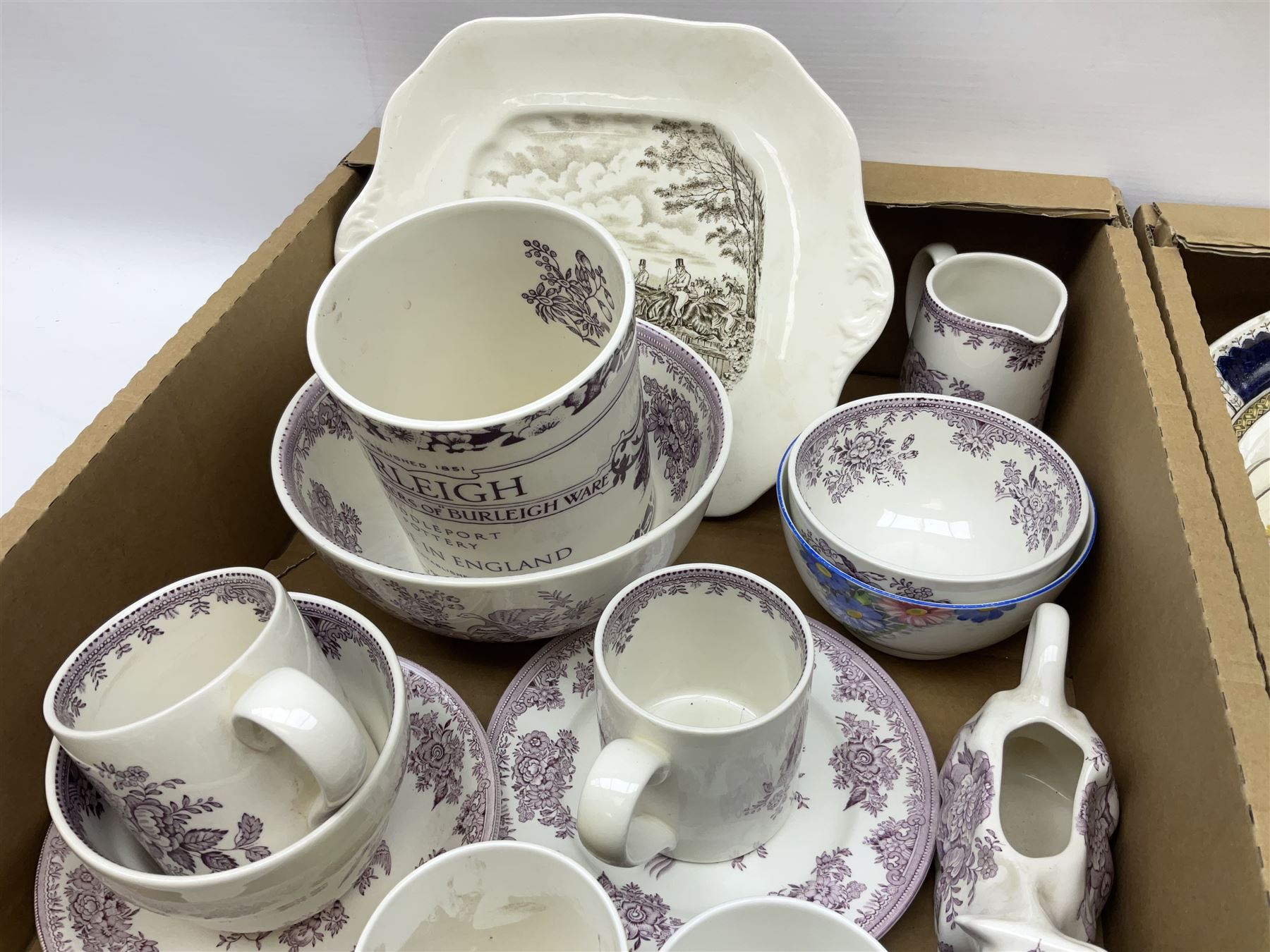 Shelley bowl, TG Green measuring jug, Villeroy & Boch sauce boat and stand, Burleigh Asiatic Pheasants plum cow creamer, cylindrical vase, mugs, bowls, jug etc, Spode 'Full Cry' The Hunt plate, Spode Ladybird mugs, Portmeirion, Meakin, Carlton China, teawares, ceramics etc