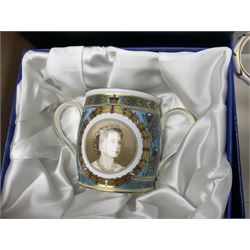 Mason's Ironstone Penang jug and Penang petit Tokyo vase, Moser clear glass vase etched with stylised flowers, Spode limited edition Mulberry Hall commemorative cup, limited edition Coalport Mulberry Hall loving cup, Royal Wedding glass presentation goblet etc, all boxed, in two boxes