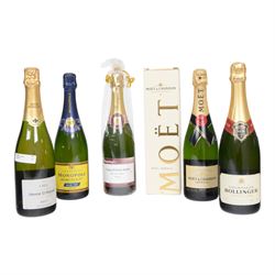 Moet & Chandon champagne 750ml 12%, Monopole Heidsieck Blue top 750ml 12% vol, Bollinger C...