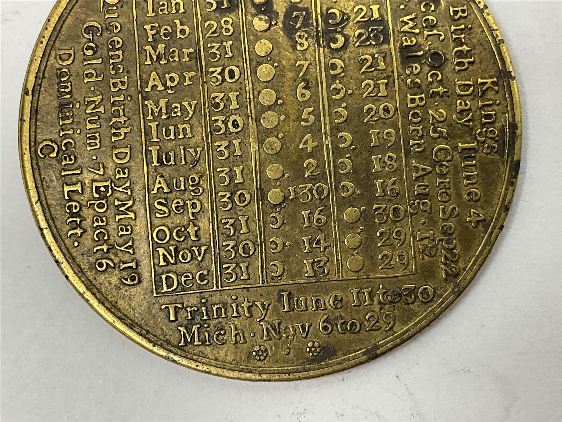 18th century brass calendar medal, for 1756, by John Powell, with moonphase calendar to reverse 