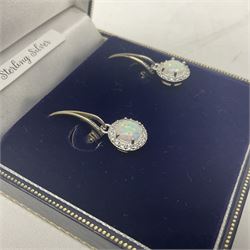Pair of silver opal and cubic zirconia cluster pendant earrings, stamped 925, boxed 