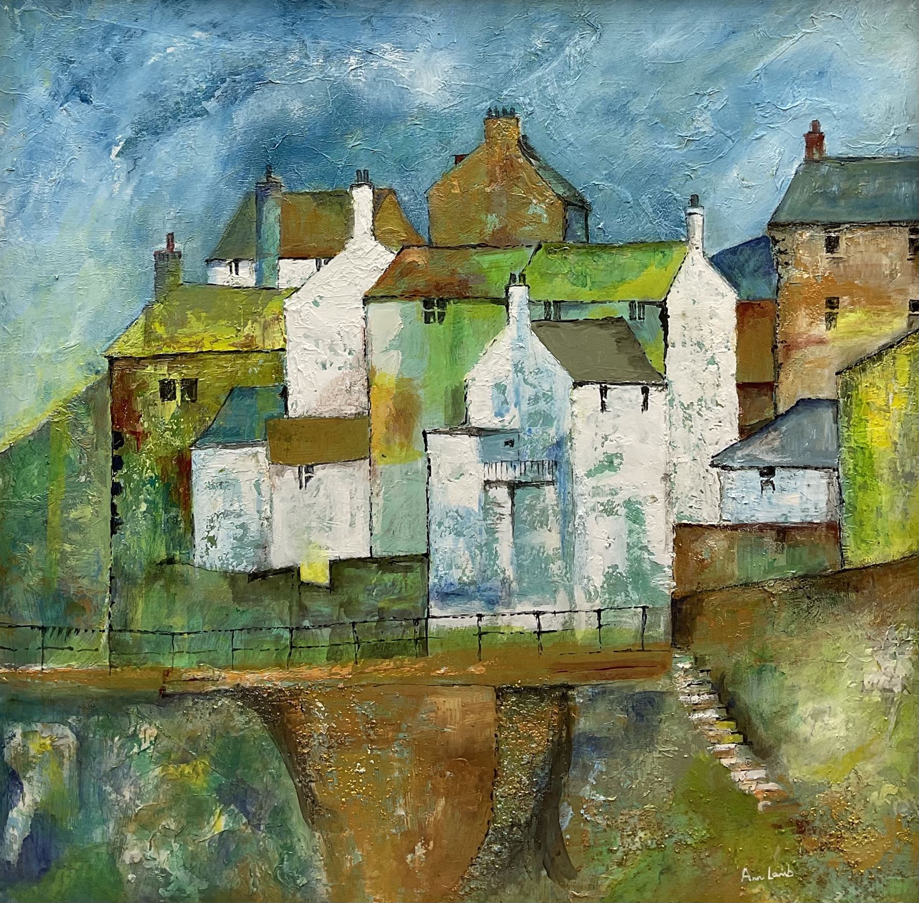 Ann Lamb (British 1955-): Staithes, mixed media on board signed 48cm x 48cm