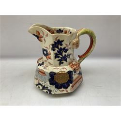 19th century ironstone wash jug and bowl set decorated in the Imari palette, together with two further smaller ironstone jugs similarly decorated, bowl D35cm