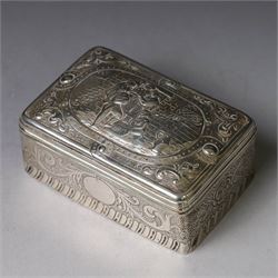 19th century Continental silver box, of rectangular form, the lift off cover with repousse figural scene, the base chased with vacant panels, acanthus scrolls and flower heads, unmarked, H4.5cm W8.5cm D5.5cm