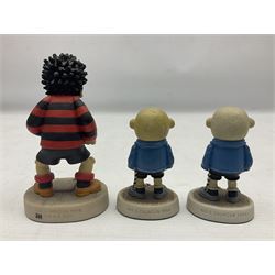 Eleven Robert Harrop figures from the Beano Dandy collection, comprising One Man & His Dawg BDS08, Picnic Desperate Dan BDS04, Fatty BD07, Desperate Dan BD03, Roger the Dodger BD20, Dennis the Menace BD01, Beryl the Peril BD05, Minnie the Minx BD04, Surfing BP03, two Spotty BD16, together with a Genuine Beano Ware lidded box (12)