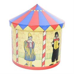 Dennis Chinaworks circus tent jar, designed by Sally Tiffin, the body decorated with clowns, upon a yellow ground, the lid decorated as a circus top, limited edition 12/25, impressed and painted marks beneath 