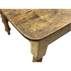 Victorian pine farmhouse dining table, rectangular plank top with rounded corners, on turned supports 