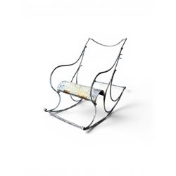 Pair of large unusual 19th century wrought iron garden rocking chairs, simple scroll design, lacking canvas seat