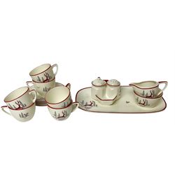 Crown Devon Stockholm pattern tea wares, comprising six cups and saucers, cake plate, milk jug, sugar bowl and cruet set