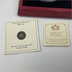 Royal Canadian Mint 2013 '25th Anniversary Maple Leaf' five ounce fine silver coin, cased with certificate