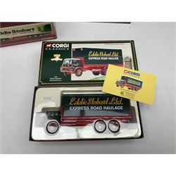 Corgi Eddie Stobart - four Classics lorries; 18801 Bedford KM, 97369 AEC Truck & Trailer, 23101 Ford Transcontinental Tilt Trailer and 14303 Foden S21 Artic Trailer; limited edition 21601 AEC Ergomatic 6-wheel Tipper; and two others in the Roadscene and Truckfest 25 Series; all boxed (7)