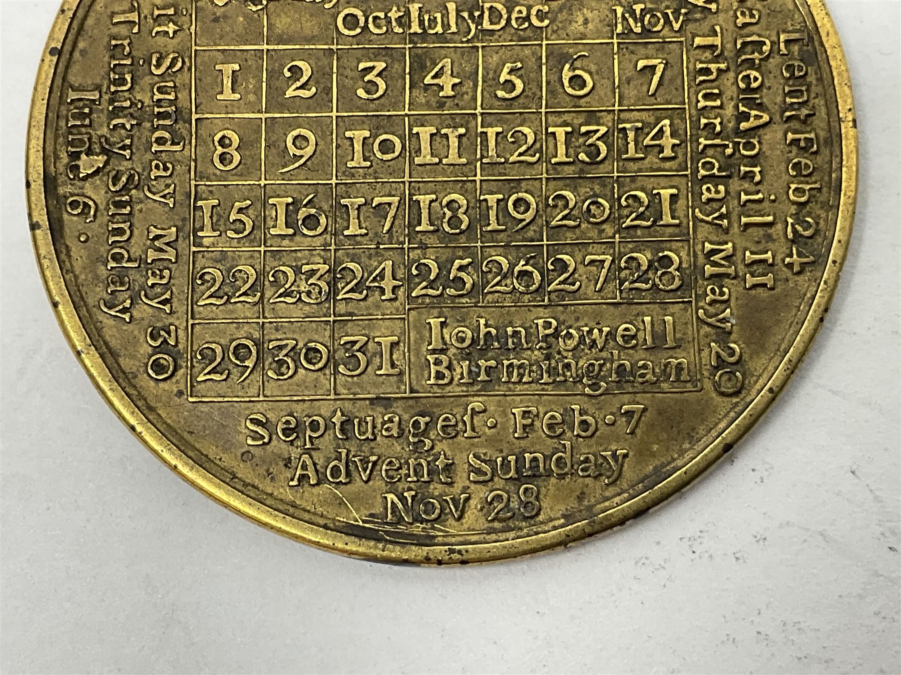 18th century brass calendar medal, for 1756, by John Powell, with moonphase calendar to reverse 
