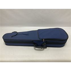 Intermusic 3/4 violin with a violet coloured solid wood body, ebonised fingerboard and fittings, bow and hard case, length 54cm