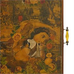 Victorian mahogany framed decoupage four-fold screen, the panels decorated with pastoral landscapes and figural scenes, within rounded moulded frames, fitted with brass mounts and amber glass handles