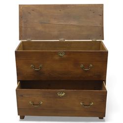 18th century style oak mule chest, the hinged rectangular top opening to a plain interior, above a lower section fitted with two long drawers with brass swan neck handles and shaped escutcheons, upon shaped bracket feet
