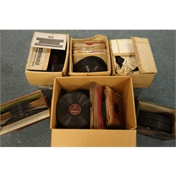  HMV oak cased windup gramophone, hinged lid top, fall front compartment (W45cm, H87cm, D43cm), with a large selection of records  