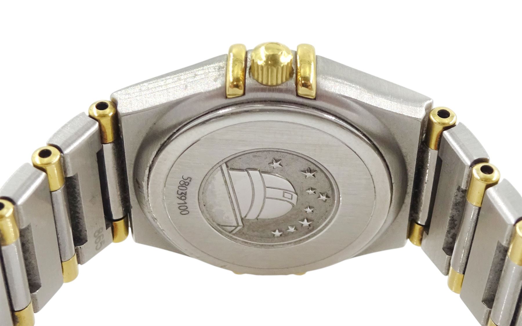 Omega Constellation ladies bi-colour quartz wristwatch, silvered dial with baton hour markers and Roman numeral bezel, on original Omega bracelet, with fold-over clasp