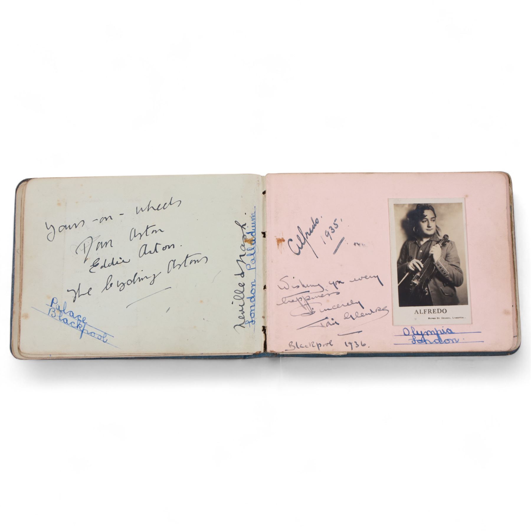 1930s autograph book containing various signatures from theatre performers and musicians, including Douglas Wakefield, Dorothy Langley, Phyllis Robins, Billy Scott-Coombes, Alfredo, etc 