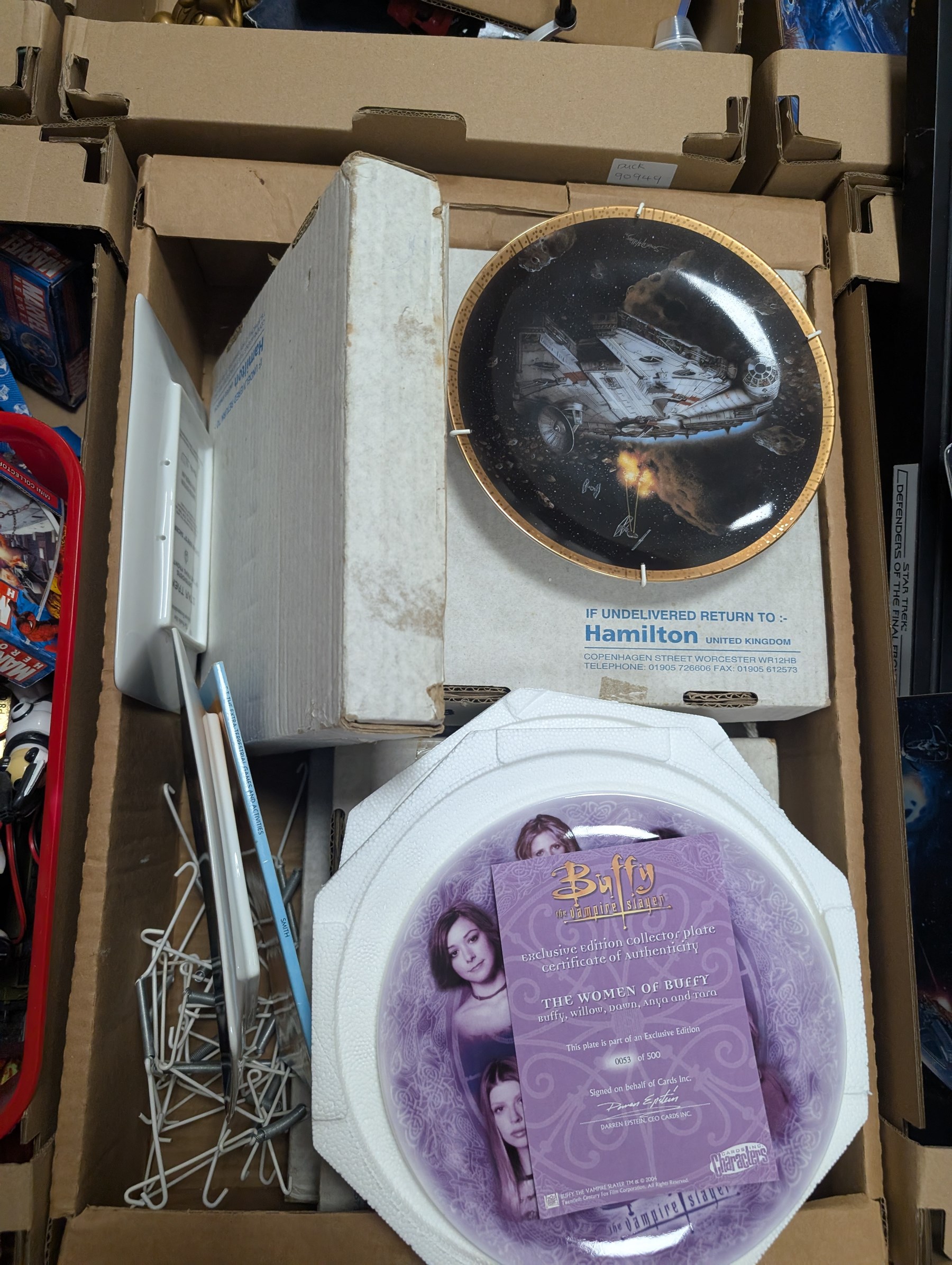 Large collection of Sci-Fi collectors plates, including Doctor Who, Star Trek and Buffy examples, together with Disney MGM trophy, diecast trains and other collectables, in six boxes