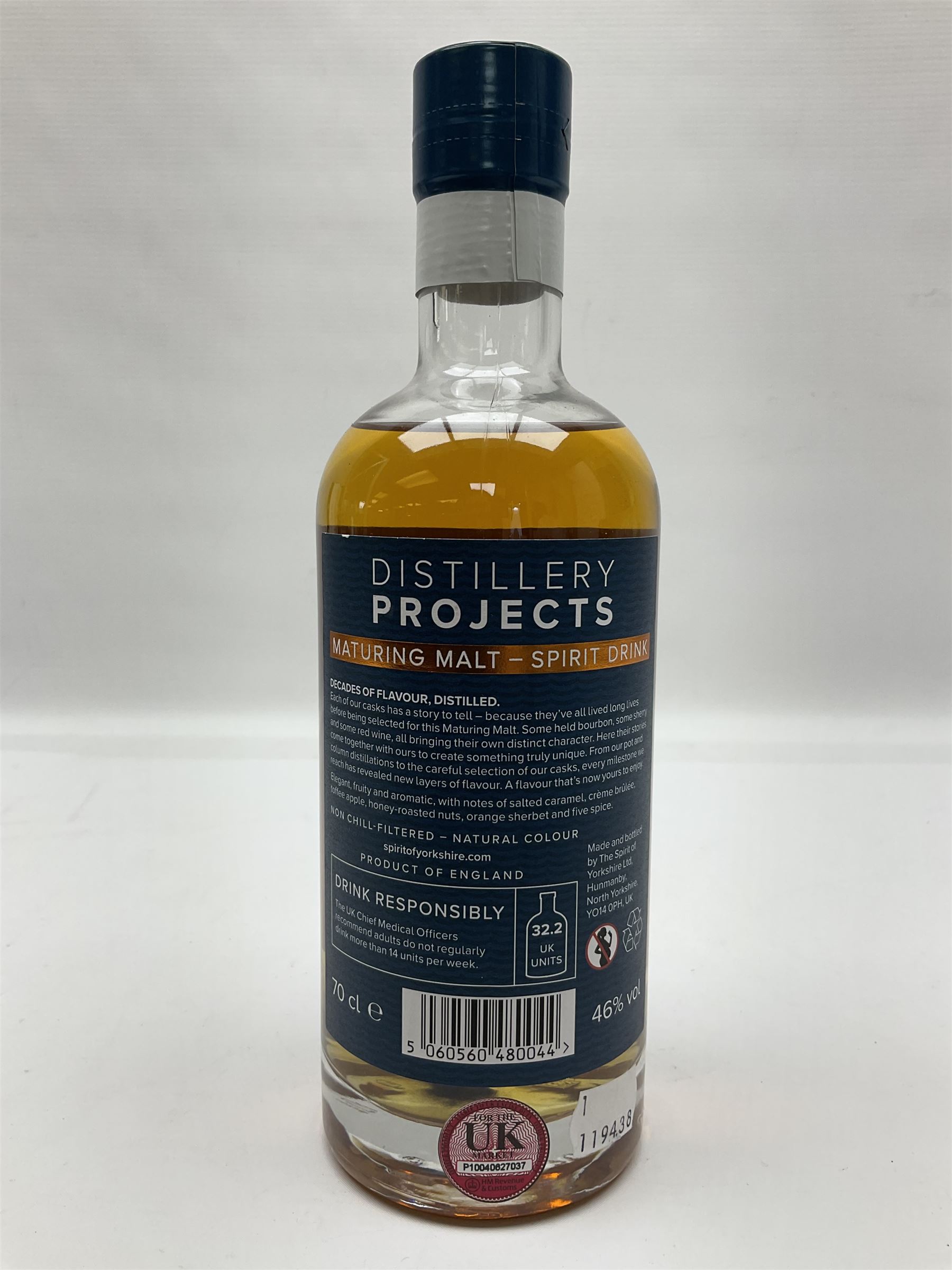 Spirit of Yorkshire Distillery, distillery projects maturing malt, project number 4, limited edition 1724/2000, 70cl, 46% vol