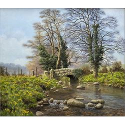William R Makinson (British 20th Century): 'Daffodil Bridge', oil on canvas signed, titled verso 34cm x 40cm 