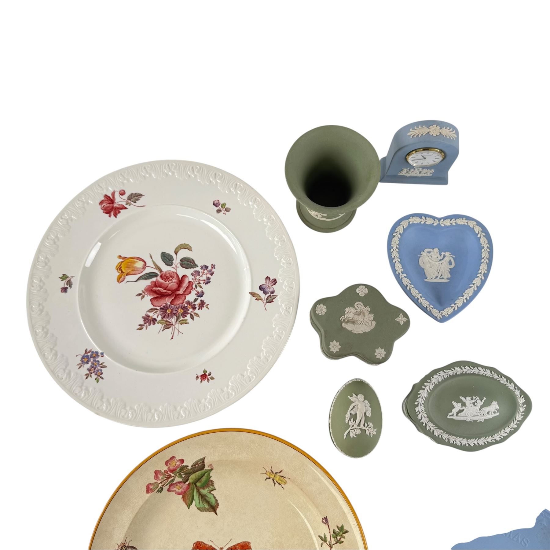 Collection Wedgwood Jasperware including clock, lighter, biscuit barrel and trinket boxes, together with other Wedgwood  