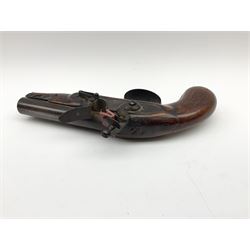 Early 19th century flintlock pocket pistol with 11.5cm round barrel, walnut full stock, plain steel lock plates and trigger guard and under barrel ramrod with horn tip L23cm overall