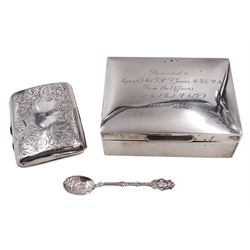 Modern silver mounted cigarette box, of plain rectangular form, with personal engraving to hinged cover, opening to reveal soft wood lined interior, H3.8cm, W21.5cm, hallmarked Padgett & Braham Ltd, London 1967, together with a silver cigarette case, with engraved C scroll decoration, hallmarked Joseph Gloster Ltd, Birmingham 1917 or 1942 and a silver souvenir spoon