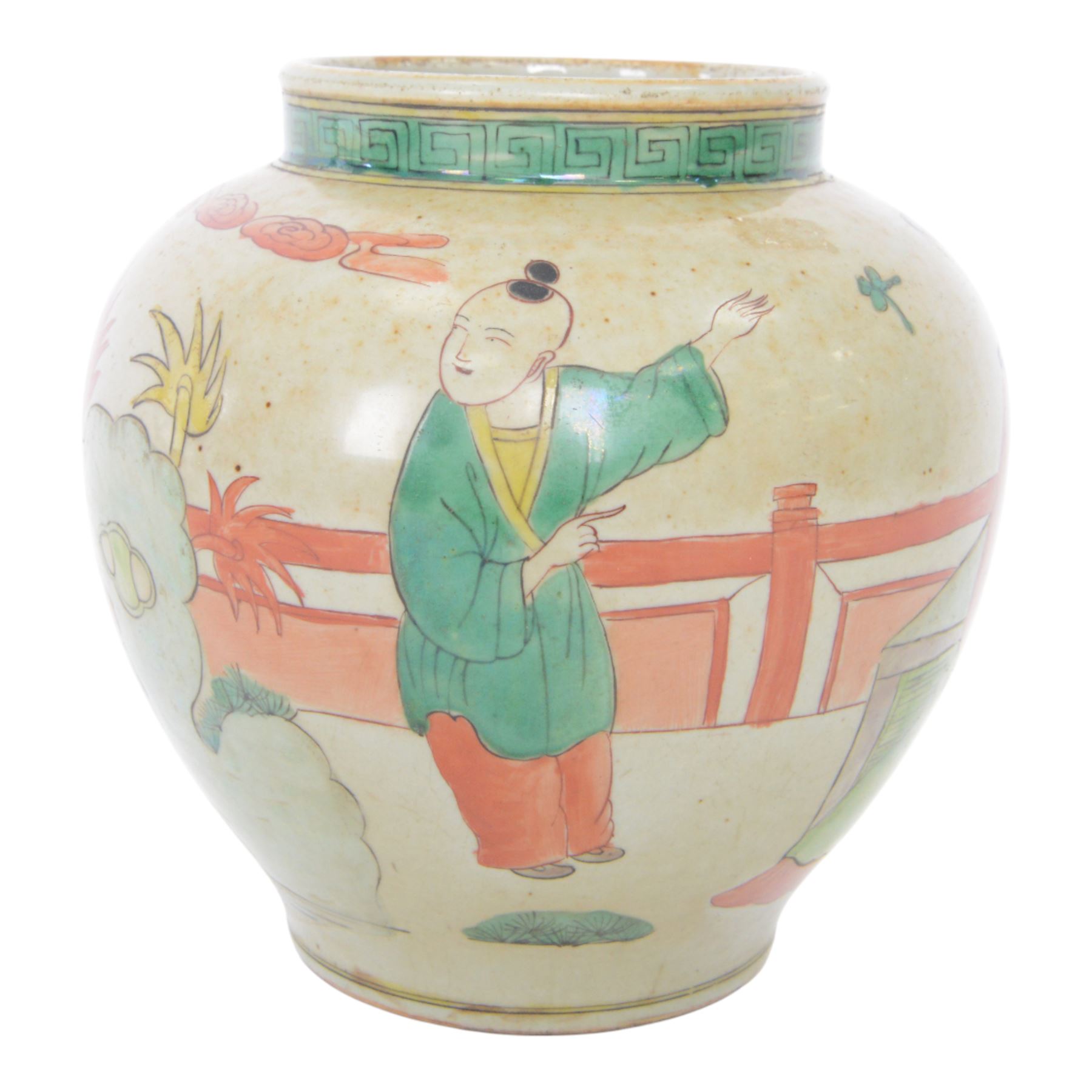 20th century Chinese vase, of baluster from decorated with figures with Greek key decoration to the rim, H22cm 