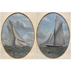 English School (19th Century): 'Thistle' and another Yatch, pair of oval oils unsigned, on...