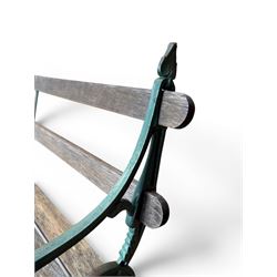 Coalbrookdale - Lily Pad design cast iron an wood slatted garden bench, late 19th century Aesthetic Movement, no. 217569, painted in green with iron centre support and seat stretcher, hardwood slatted