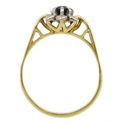 18ct gold sapphire and diamond chip cluster ring, hallmarked