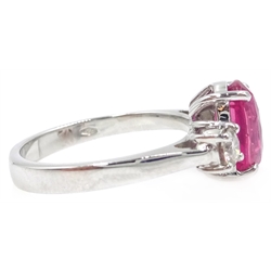  18ct white gold oval pink sapphire and diamond three stone ring, hallmarked, sapphire 2.6 carat  