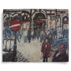 Barry De More (Yorkshire 1948-2023): 'Outside Bradford and Bingley' Station, oil and impasto on canvas signed, inscribed and dated '06 verso 120cm x 152cm