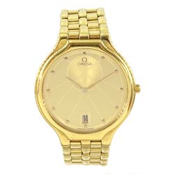 Omega gentleman's 18ct gold quartz wristwatch, Cal, 1440, sun symbol champagne dial with date aperture at 6 o'clock, on integral Omega 18ct gold bracelet strap, with fold-over clasp