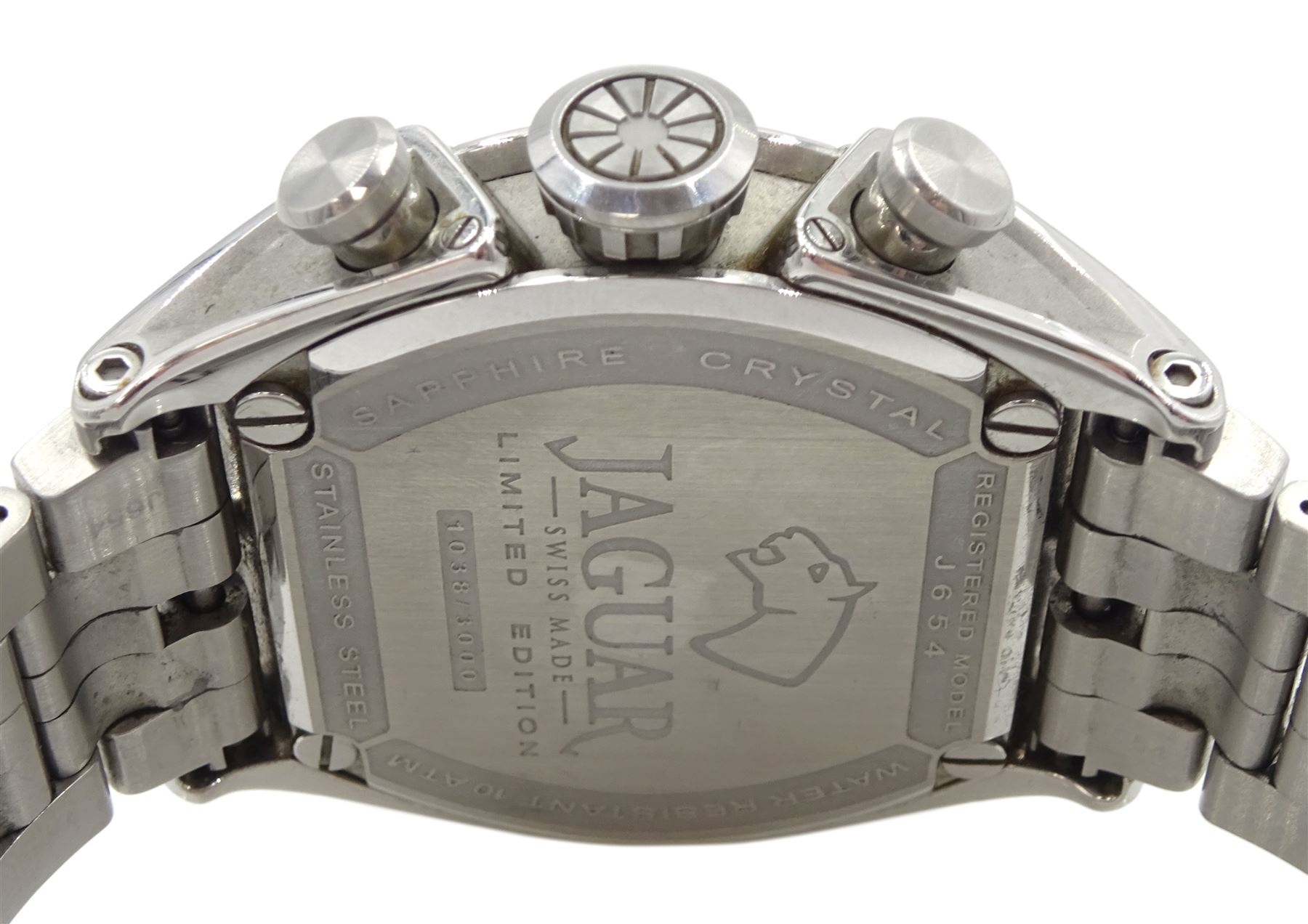 Jaguar gentleman's stainless steel chronograph quartz limited edition wristwatch, Ref. J654, silvered dial with triple register recording hours, minutes and continuous seconds and date aperture, on original stainless steel strap, with fold-over clasp