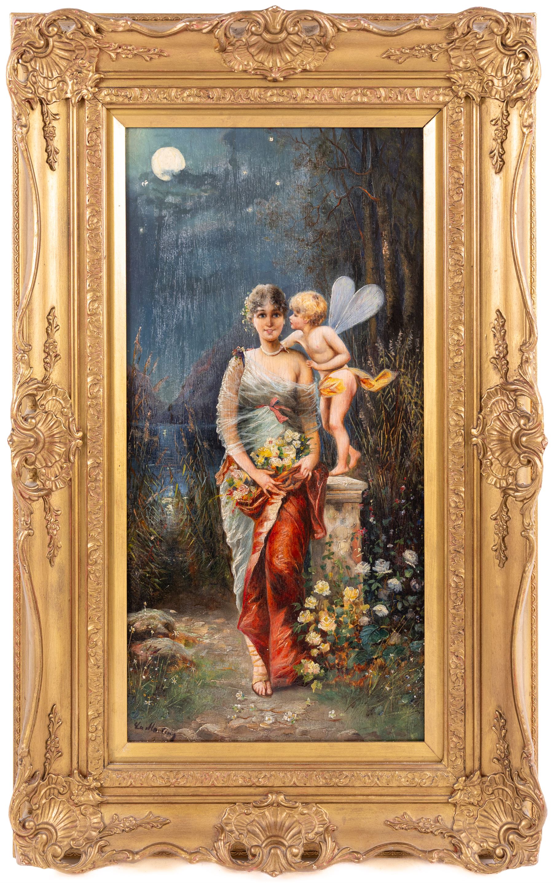 Manner of Hans Zatzka (Austrian 1859-1945): Lady and Cherub in Moonlit Garden, oil on panel indistinctly inscribed, 49cm x 24cm 