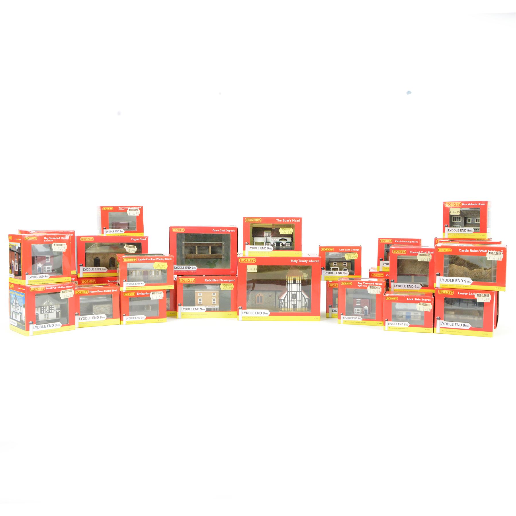 Thirty Hornby N gauge Lyddle End model railway trackside buildings, including N8031 Holy Trinity Church, N8575 Coal Drop, N8033 Radcliffe's Newsagent and N8002 Small Waiting Room, all boxed