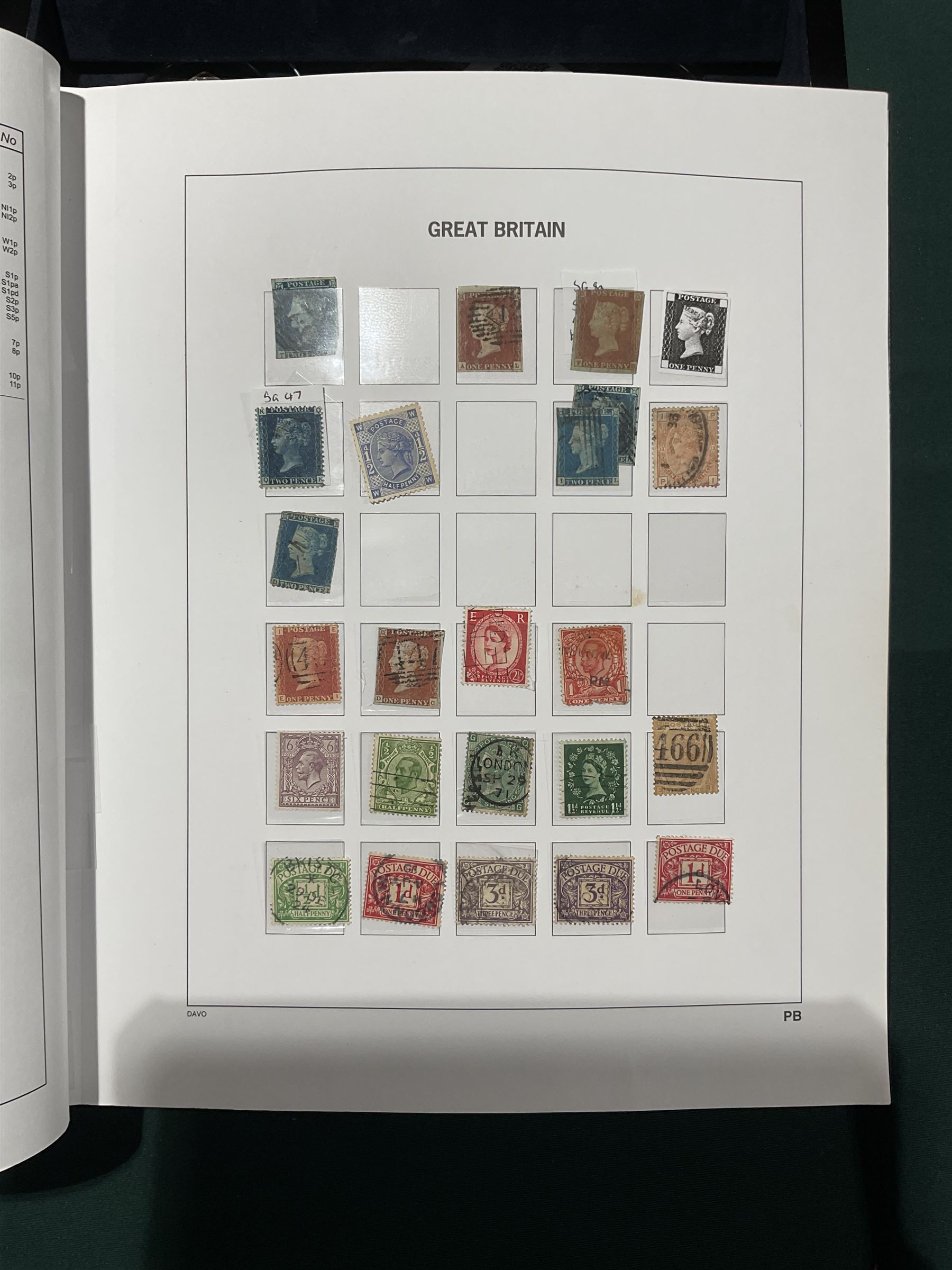 Extensive single album collection of Great British Queen Victoria and later stamps, including QV penny black with three margins, 1840 two pence blue, perf two pence blues with white lines added, QV one pound brown lilac, QV one pound green, King George V seahorses, 1929 Postal Union Congress one pound black, King George VI 1939-48 set of six with ten shillings dark blue, Queen Elizabeth II pre-decimal issues, housed in a Stanley Gibbons Great Britain 2001 album, a well presented collection with few ommissions