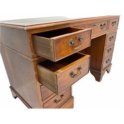 Reproduction yew wood twin pedestal desk, rectangular top with leather inset, fitted with eight drawers