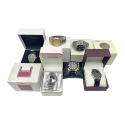 Six gentlemans wristwatches, to include Seiko Solar, Seiko Chronograph 100m and Seiko Sapphire, Royal London chronograph wristwatch, Pulsar 100m water resist and an Accurist wristwatch, five boxed